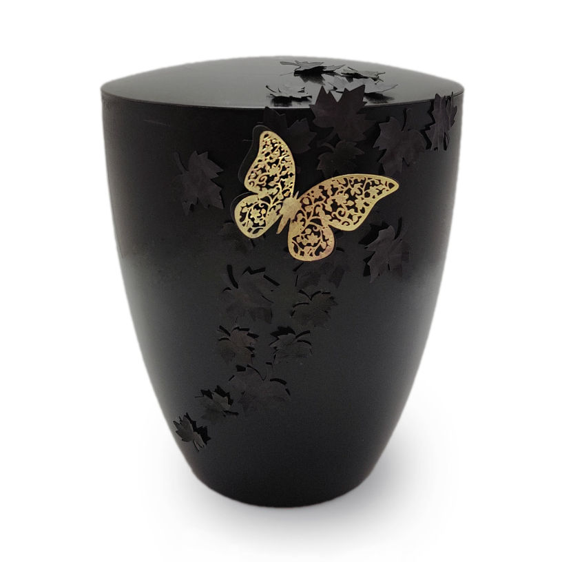 Urne Schwarze Blattwerk mit goldenem Schmetterling - Design von Ines Drewianka Bella Memoriam